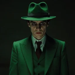 film still of Paul Dano as Riddler in a green suit and tie and green fedora in The Batman, 4k, dark lighting, film noir, grainy, dark tone