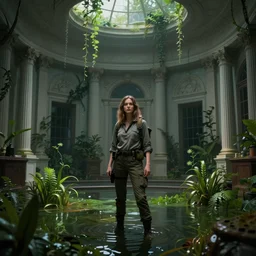 an young urban explorer woman, alone, in an empty dark flooded oval office in the white house, overgrown with aquatic plants, digital art, artstation