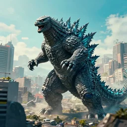 godzilla charging an attack on a metropolitan city