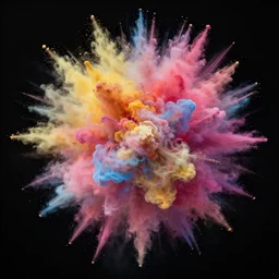a centered explosion of a huge colorful powder cloud on a black background, long shot, amazing detail