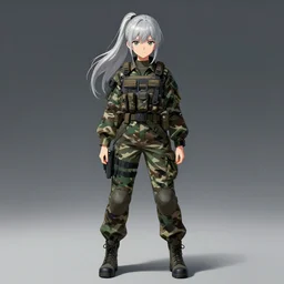 girl, silver hair (ponytail), multicam (camo), (trending on artstation), beautiful face, cinematic full body shot, ilustration by Takehiko Inoue (((and Yoann Lossel)))