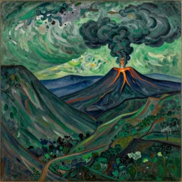 Fauvist style photograph of a valley, right at the moment a burst of volcano, 4K, super detailed, dark green clouds