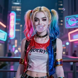 harley quinn standing, smiling softly, blowing bubblegum, medium distance shot, cyberpunk setting, beautiful cityscape background, neon signs, vibrant colors, holograms, 4k, digital art