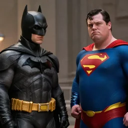 avengers movie still - ethan supler as batman and ron lester as superman, fat superheroes, sharp focus, insane detail, intricate