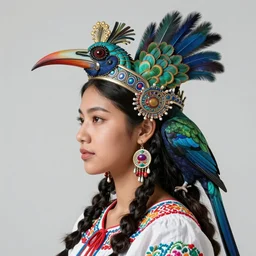 3 d goddess close - up profile portrait. beautiful intricate highly detailed mexican magpie helm and traditional mexican huipil! quetzalcoatl, stingray, bio luminescent, plasma, lava, ice, water, wind, stormy, creature, artwork by tooth wu and wlop and beeple and greg rutkowski, octane 3 d render