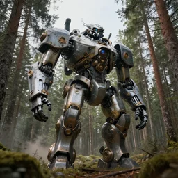 steampunk colossal mech robot travels across a swedish forest very low angle photograph trending on artstation