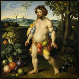 a man made out of fruits and vegetables by giuseppe arcimboldo, oil on canvas