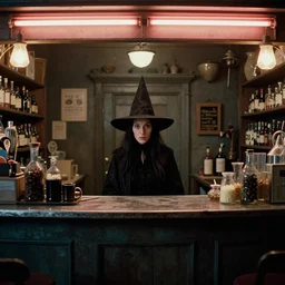 a witch hiding behind the counter at a shop, film still from the movie directed by wes anderson with art direction by zdzisław beksinski, wide lens, neon lights,