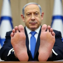 low angle shot of benjamin netanyahu showing off his feet, sharp focus, highly detailed, leaked image