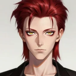 portrait of hisoka morow hunter hunter male thin lips small eyes very thin pursed lips extremely sharp jaw yellow iris almond almond eyes squinting eyes dark red hair soft hair slicked back crimson hair anime, elegant, highly detailed, digital painting, artstation art by ruan jia and greg rutkowski, madonna bowie