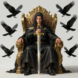 demon sitting in his throne holding a golden sword with ravens flying around