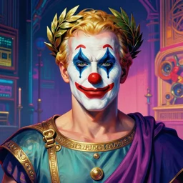 portrait of glamor roman god | joe biden | laurel wreath | ( ( ( ( clown ) ) ) ) | asylum background | highly detailed | very intricate | professional model | cinematic lighting | painted by donato giancola and mandy jurgens and charlie bowater | bold colors, artdeco, art deco synthwave anime aesthestic, 8 0 s nostalgia | artstation