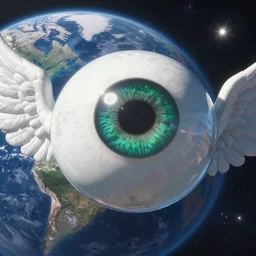 big eyeball with wings, green eyes, watching from space over the world