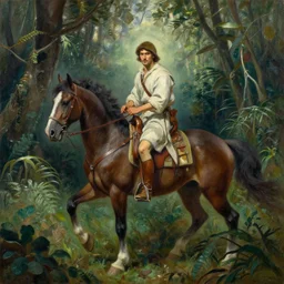 a stunning painting of a warrior riding a horse through jungle by thomas kinkade and john aktinson grimshaw, matte painting, moody palette