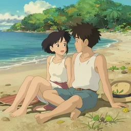 a beautiful couple relaxing on the beach, studio ghibi, Trending on artstation
