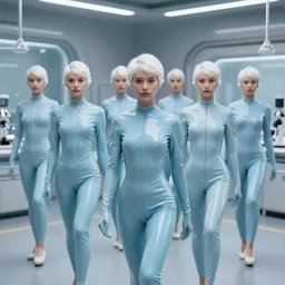 troop of athletic humans with white hair wearing tight light blue latex suits, in formation, futuristic chemistry lab, sci - fi, highly detailed, hyperrealistic