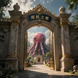 The gate to the eternal kingdom of blobfishes, fantasy, digital art, HD, detailed.