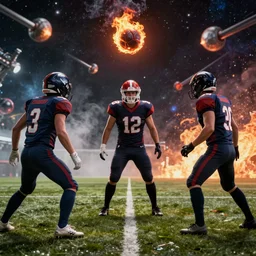3 Football players play football with a fireball, space battle in the background, heroicб cinematic lighting
