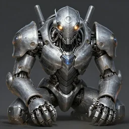 a highly detailed illustration of worn down colossal silver mechanical giant, with big glowing iron giant eyes, gentle calm doting pose, intricate, elegant, highly detailed, centered, digital painting, artstation, concept art, smooth, sharp focus, league of legends concept art, WLOP