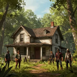 small old house in the woods, in the style of red dead redemption, criminals posing outside, concept art, artstation