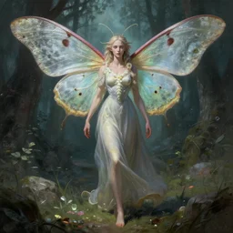 changeling moth human with long dress venture forth into the dreamworld highly detailed, digital painting, artstation, concept art, smooth, sharp focus, illustration, art by artgerm and greg rutkowski and alphonse mucha