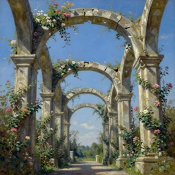Broken arches leading to the pillars of eternity draped with flowers and vines, blue sky, lens flare, a sense of awe, cinematic, ultra detailed, oil painting by Rembrandt,-W 768