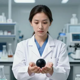 a portrait art of a female scientist in a laboratory holding a small black hole in her hands, inspired art by istvan sandorfi and greg rutkowski, concept art, stylised, elegant, illustration, high quality, highly detailed, long hair, digital art, pinterest