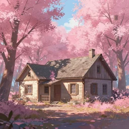 old houses surrounded by a pink leaf forest, artstation, day, sun, wind