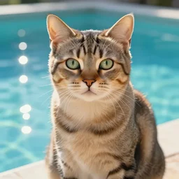 closeup portrait of a cat sitting by a pool, bright, reflections, intricate, sharp focus, lens flare, bloom, illustration, highly detailed, digital painting, concept art, matte, art by ruan jia and wlop and greg rutkowski, masterpiece