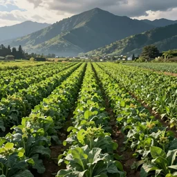 rows of lush crops, mountains in the background, detailed digital 2d fantasy art