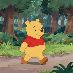 a pooh walking on the road in the forest, 1 9 7 0 s cartoon moviei, winnie the pooh
