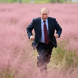 vladmir putin running through a field of pink grass, hyper realistic, extremely detailed, dynamic lighting