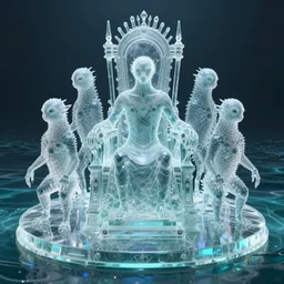 In front of the throne there was also something that was transparent like glass, and that looked like a sea. In the center of the circle, around the throne, were four living beings who had eyes all over their bodies, in front and behind, hiperrealista, unreal engine 5, cinema4D, octane render Detailed, cinematographic, artstation Greg rutkowski