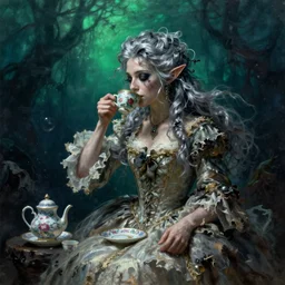 A 18th century, messy, silver haired, (((mad))) elf princess, dressed in a ((ragged)), wedding dress, is ((drinking a cup of tea)),  in her right side is a porcelain tea set. Everything is underwater and floating. Mystical, dreamlike, atmospheric, scarry, horroristic shadows, ((greenish blue tones)), theatrical, (((underwater lights))), high contrasts.  fantasy oil canvas by Claude Monet and Henry Meynell Rheam