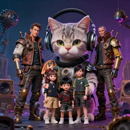 cyberpunk robot cat listening to music on headphones, family photo, apocalyptic setting, fallout 5, steampunk, deep colors, studio lighting