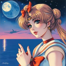 the sailor moon. beautiful, realistic painting by mucha and kuvshinov and bilibin. synthwave watercolor, thick lining, manga, soviet realism