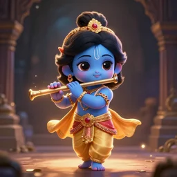 little lord krishna, holding flute in one hand, structured hand, cute face, focus, full body, anime, chibi, illustration, concept art trending on artstation, devainart, clear face, cinematic lighting, atmospheric, magical effect, glowing effect, hd, hyperdetailed, hyperreal