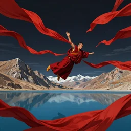 a wide shot of tibetan monk flying over himalaya mountains lake in weightlessness in traditional red cloth. a lot of flying red fabric around, sky and cloth fabric reflected in blue lake water. dark background. illustration by craig mullins, yoji shinkawa, trending on artstation, peter mohrbacher, hyper detailed, intricate, elite, ornate,
