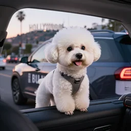 a photorealistic image of bichon frise riding in the back on an Uber SUV through Hollywood at dusk. This 4K HD image is Trending on Artstation, featured on Behance, well-rendered, extra crisp, features intricate detail and the style of Unreal Engine.