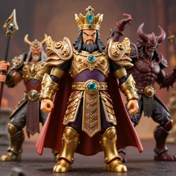 hyperrealistic rendering, epic boss fight, ornate king emporer, jewel crown, war armor battle, demon lord, by art of skinner and richard corben, product photography, collectible action figure, sofubi
