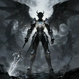 dark seraphim knight in light armor wielding a magical lance slaying a sky beast full body silhouette. dark water, cyberpunk pearl armor, futuristic fantasy, highly detailed, digital painting, trending on artstation, concept art, sharp focus, illustration, art by artgerm and nixeu and greg rutkowski and magali villeneuve.