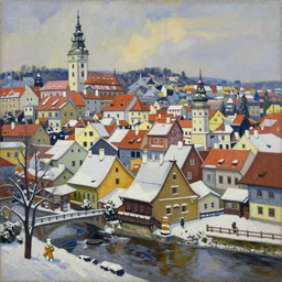 cesky krumlov in winter by jeffrey smith, cubism, 3 d depth, oil on canvas, trending art station, masterpiece
