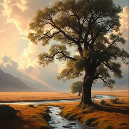 a sending down [ of the revelation ] from him who created the earth and the lofty heavens, overdetailed art, by greg rutkowski, by rhads, sharp focus, god looking at me, a tree and river on foreground ground