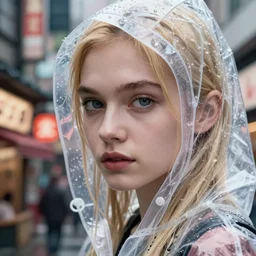 Kodak Portra 400, 8K, highly detailed, wachowski seinen manga 3/4 extreme closeup portrait, eye contact, focus on clear transparent raincoat blonde model, tilt shift zaha hadid style anime background: famous blade runner anime remake, tokyo izakaya scene