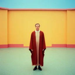 scott morrison pictured as a saint, surreal photography, symmetry, mid century, liminal space, bright colours, wes anderson