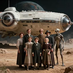 sharp, detailed, 256k film still from a sci fi blockbuster color movie made in 2022, set in 1860, of a family standing in front of a spaceship that has just landed on an alien planet, a humanoid alien creature stands nearby, the family are all wearing 1850s era clothes, cinematic lighting, good photography, sharp focus