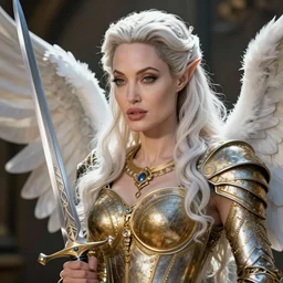 a fantast beauty detailed elf angelina jolie, with a curved sword, platinum white wavy long hair, white headband in the front with diamonds, jewelry body armor in golden and silver colors, pointy ears, detailed face, epic masterpiece of cinematographic hyperrealism, realistic shaded lighting poster by craig mallismo, artgerm, jeremy lipkin and michael garmash, unreal engine, radiant light