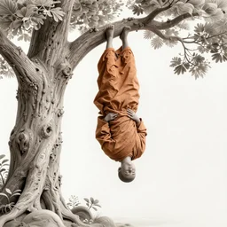 a monk, hanging upside down from a tree, enlightenment. intricate, elegant, highly detailed, digital painting, artstation, concept art, sharp focus, illustration, by justin gerard and artgerm, 8 k