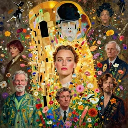 a head and shoulders portrait of alicia vikander surrounded by an explosion of wild flowers, by thomas kinkade, by gustav klimt, by wes anderson, by edward hopper, by wayne barlowe, by james gilleard, by james jean, colors by beeple