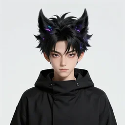 Demon boy with upturned electrified hair, mazoku, yokai, VFX, digital art, vantablack cloak